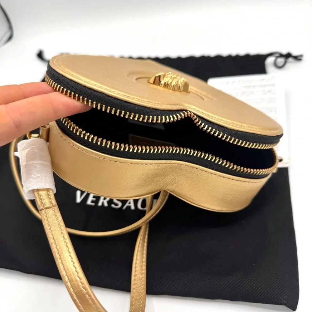 NWT Versace Heart Medusa Crossbody Strap Bag Gold Leather Kids Purse Logo Plaque